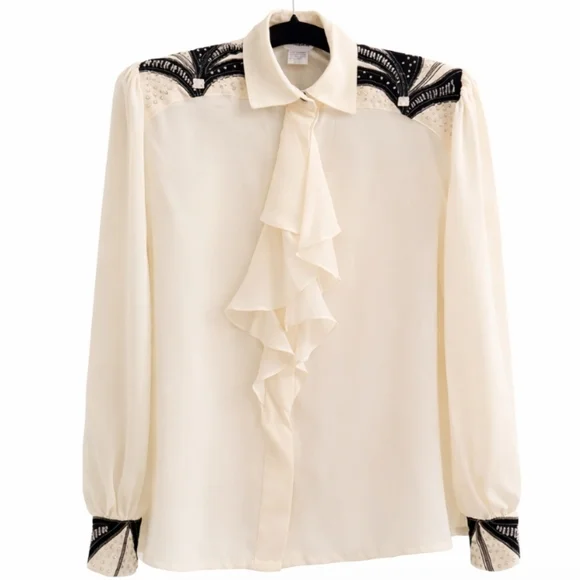 Bianca | Vintage Ivory Black Embellished Frill Blouse - Picture 5 of 8